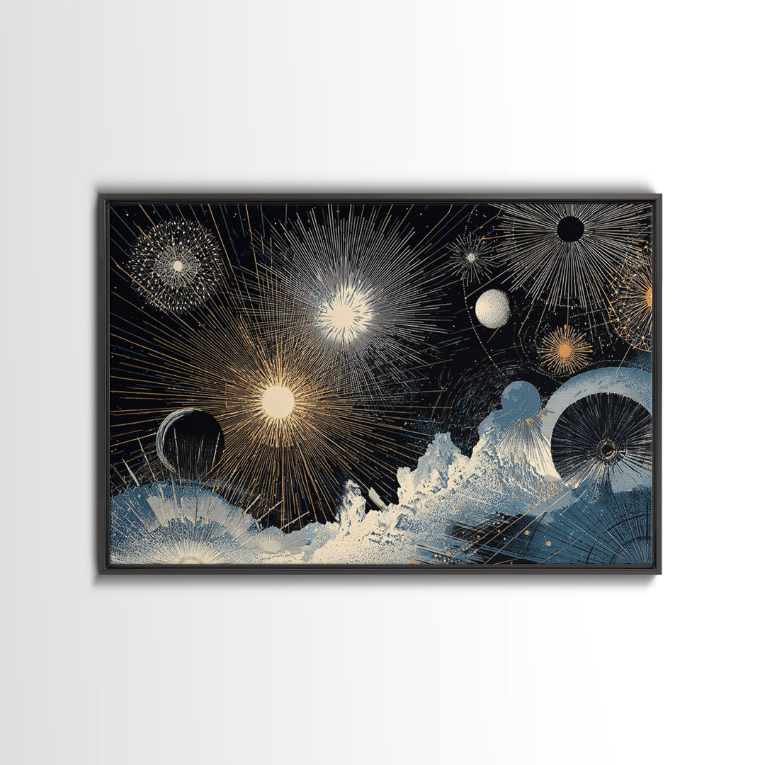 Night Sky Fireworks Over Ocean Waves Canvas Print, Celestial Wall Art, Modern Abstract Art, Blue Gold Living Room Decor Poster