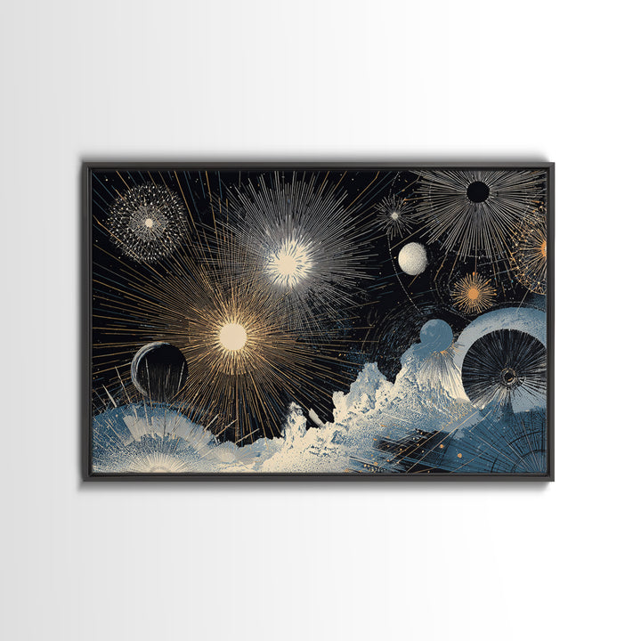 Night Sky Fireworks Over Ocean Waves Canvas Print, Celestial Wall Art, Modern Abstract Art, Blue Gold Living Room Decor Poster