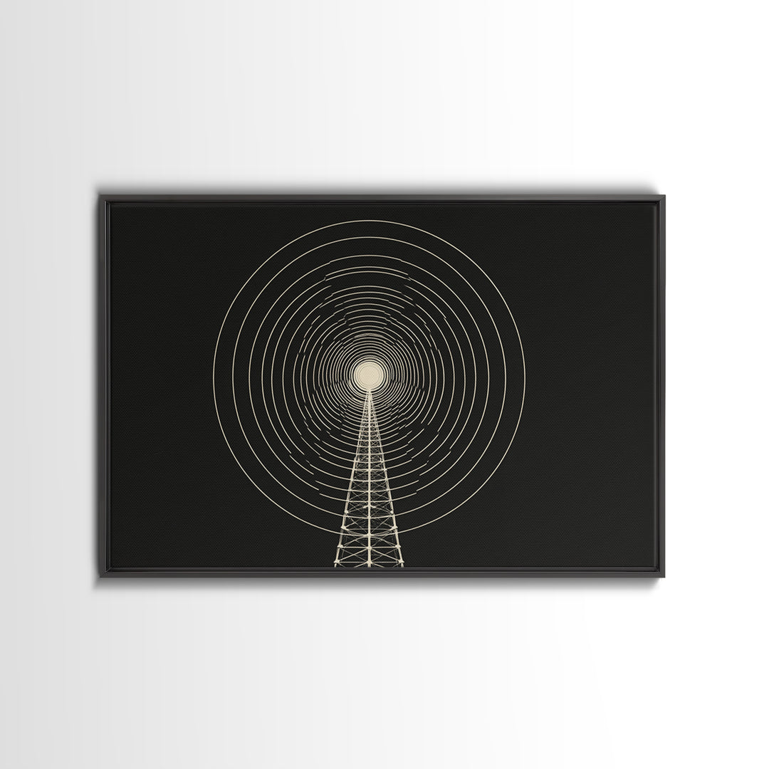 Radio Tower Concentric Signal Wall Art, Black And Cream Midcentury Modern Print, Minimalist Retro Science Office Decor Poster
