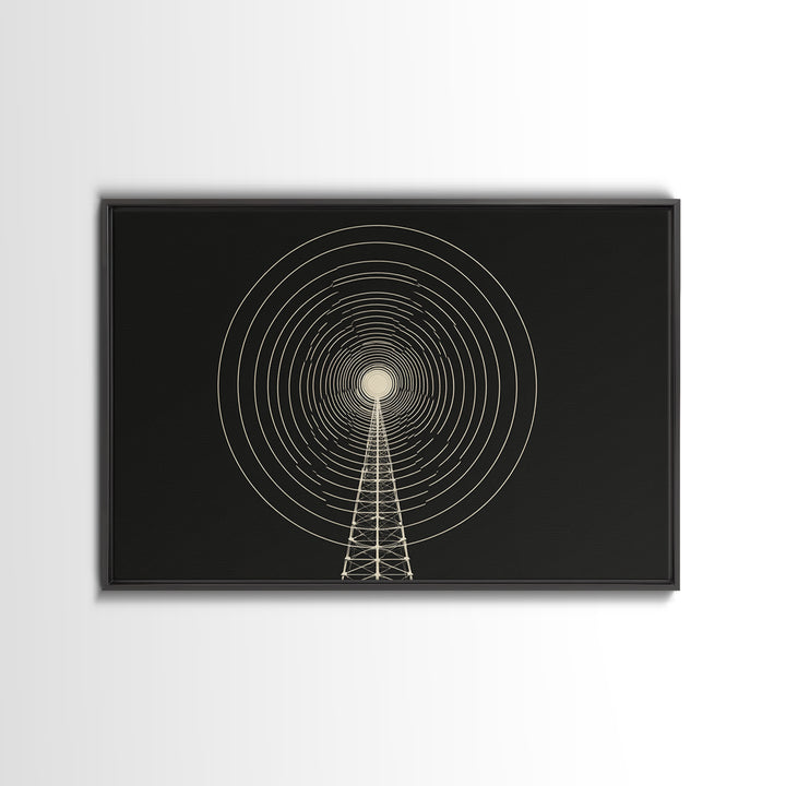 Radio Tower Concentric Signal Wall Art, Black And Cream Midcentury Modern Print, Minimalist Retro Science Office Decor Poster
