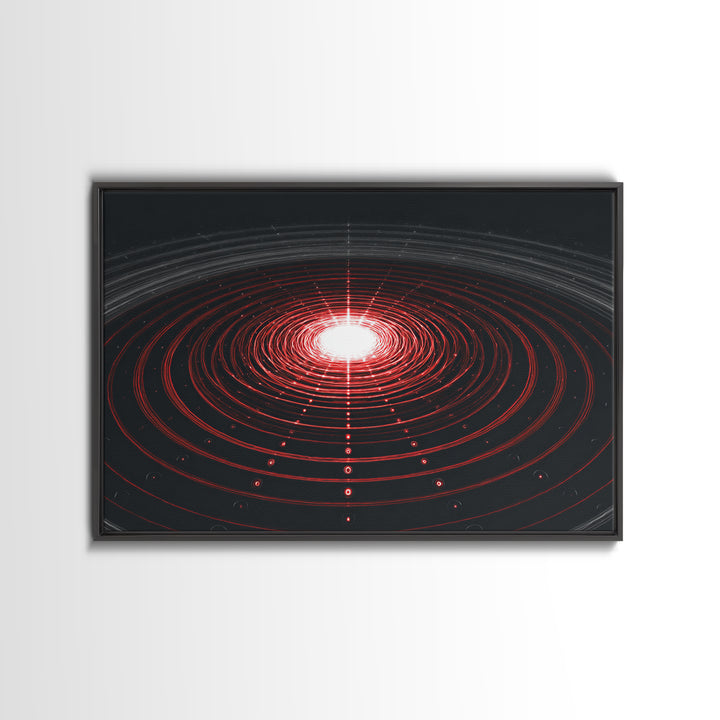 Glowing Red Orbit Disk Wall Art, Sci Fi Abstract Canvas Print, Futuristic Midcentury Modern Poster, Black Office Decor Print