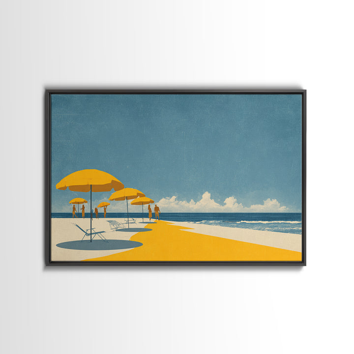 Yellow Beach Umbrellas And Blue Sea Wall Art, Retro Travel Canvas Print, Coastal Summer Poster, Bright Living Room Decor