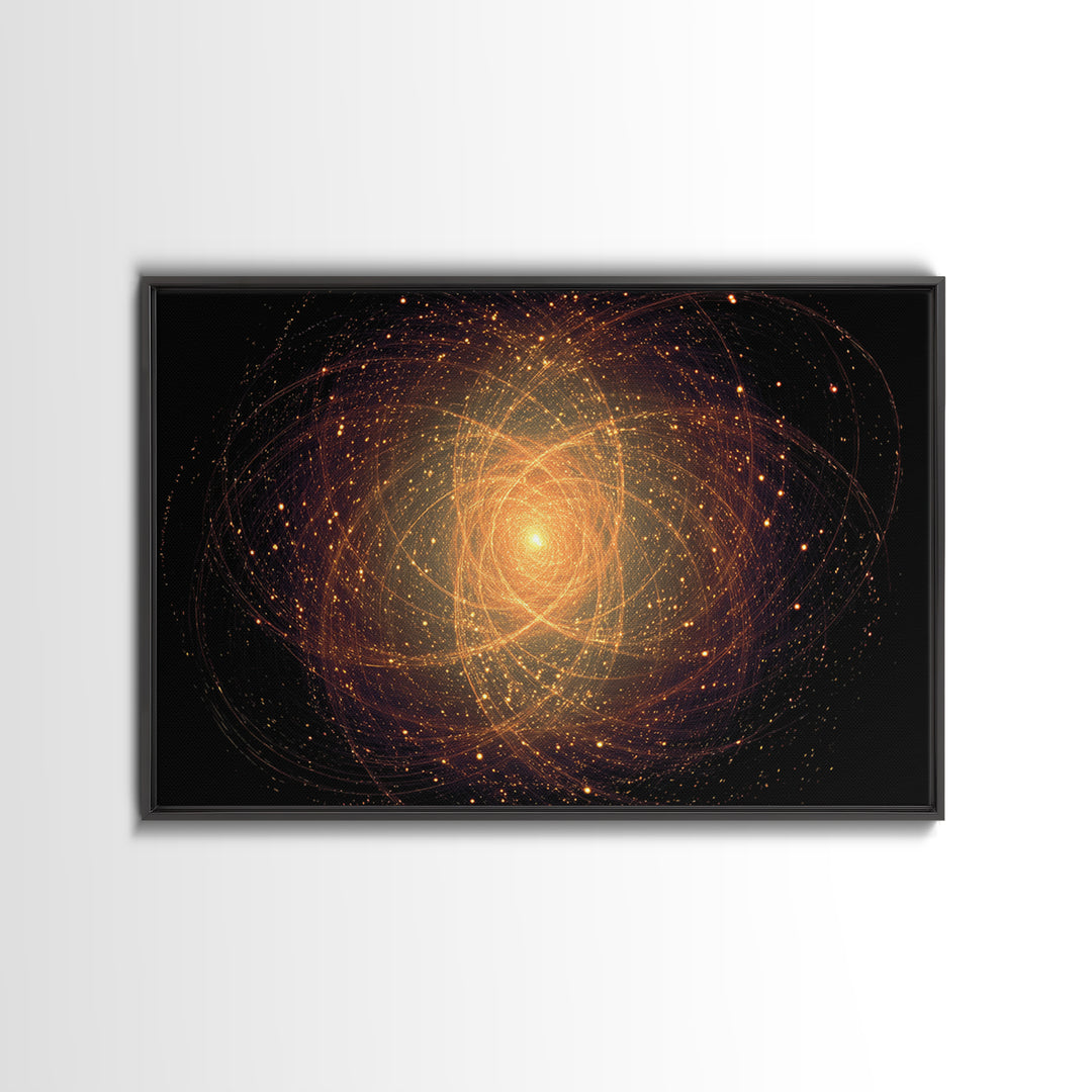 Golden Atomic Particle Orb Wall Art, Modern Abstract Art Print, Space Abstract Art, Midcentury Decor, Framed Canvas Print