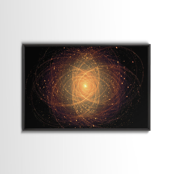 Golden Atomic Particle Orb Wall Art, Modern Abstract Art Print, Space Abstract Art, Midcentury Decor, Framed Canvas Print