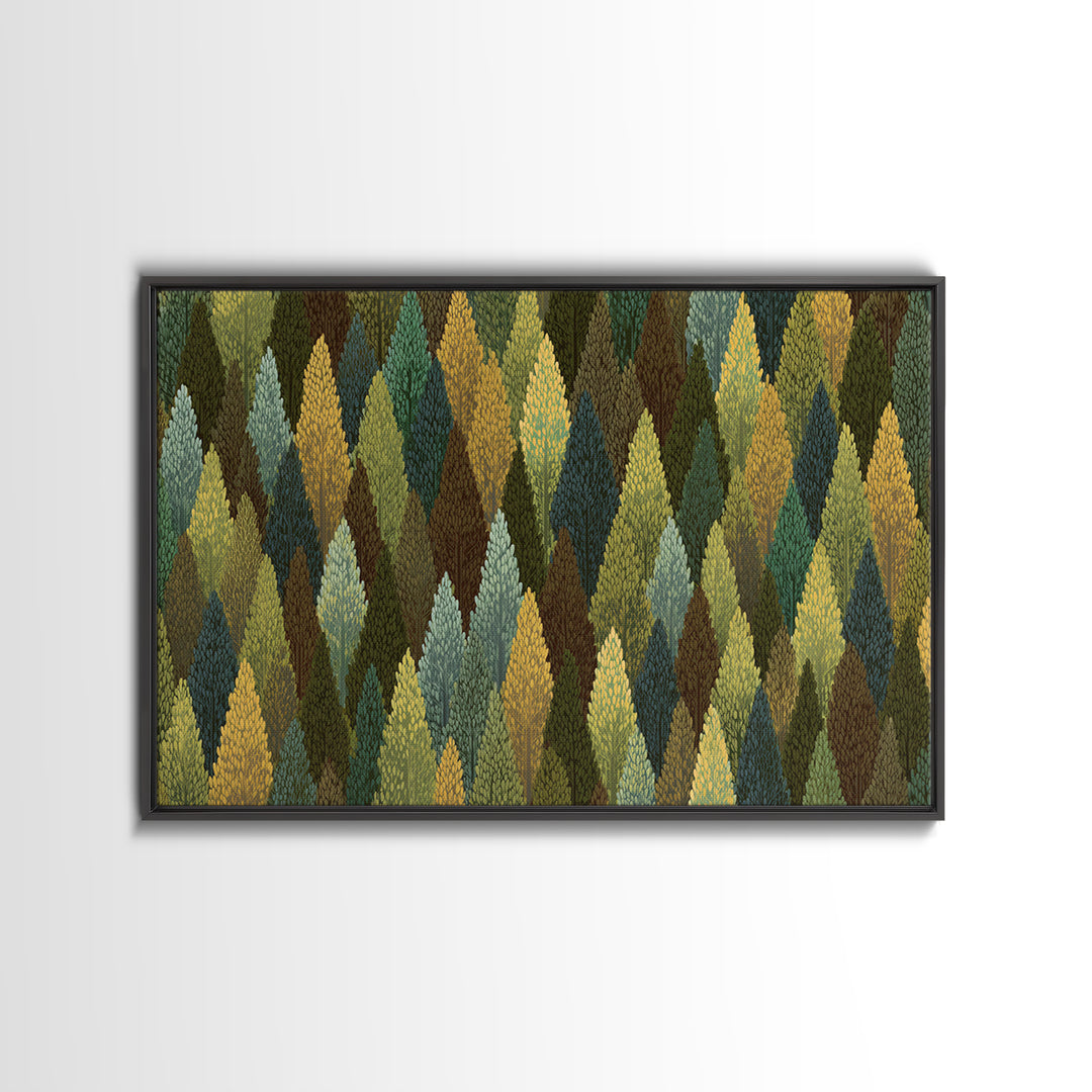 Textured Green Gold Forest Wall Art, Scandinavian Midcentury Modern Art Print, Nature Landscape Decor For Living Room Office