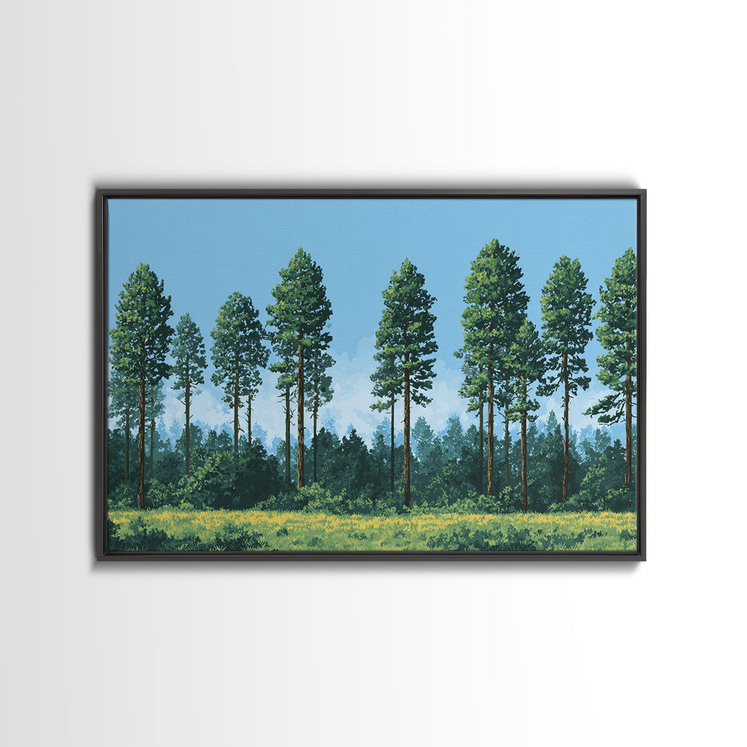 Tall Pine Forest Meadow Wall Art, Nature Landscape Canvas Print, Midcentury Modern Decor For Cabin Living Room Office Art