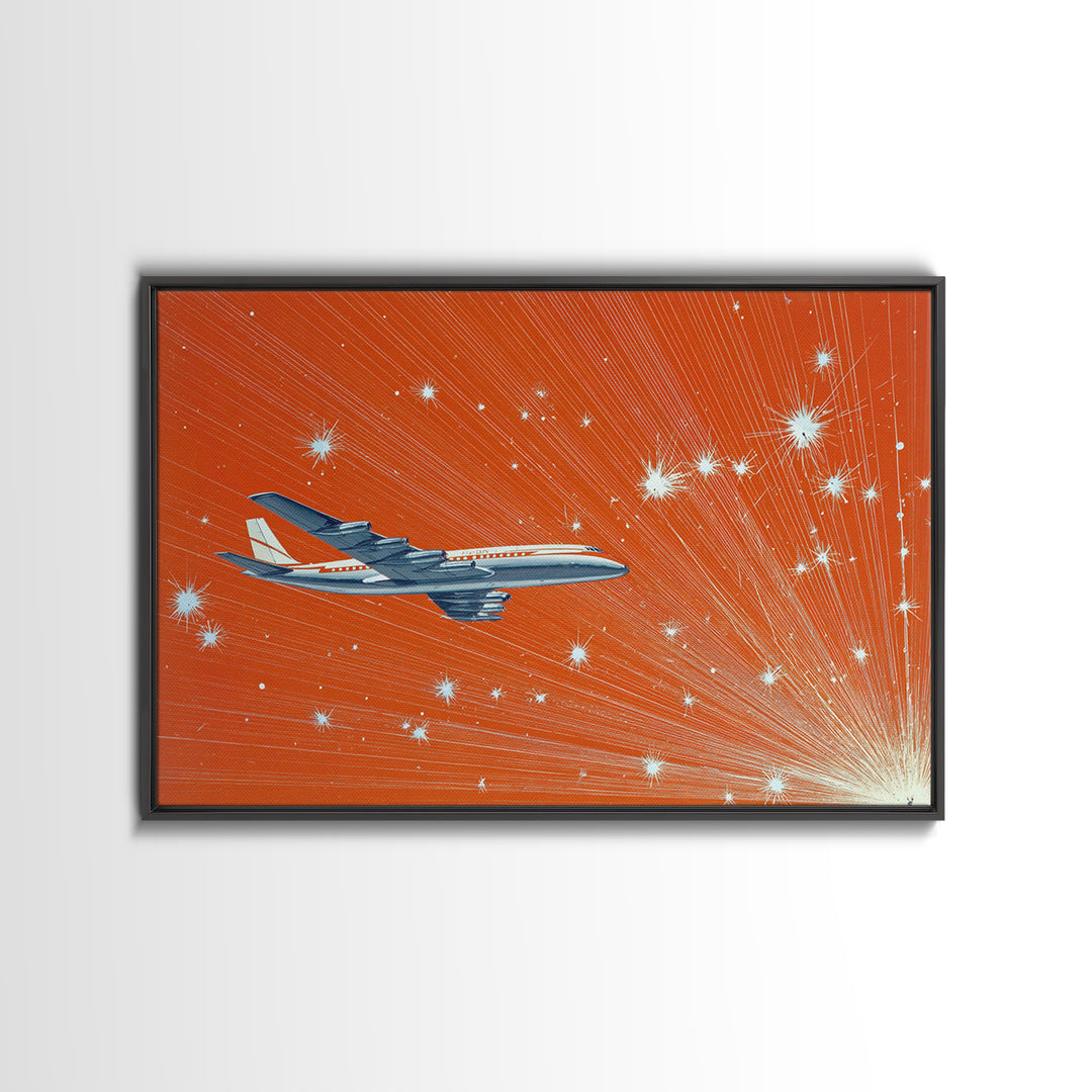 Orange Starburst Jet Canvas Print, Midcentury Modern Wall Art, Retro Aviation Poster, Bold Atomic Travel Decor Gift For Him