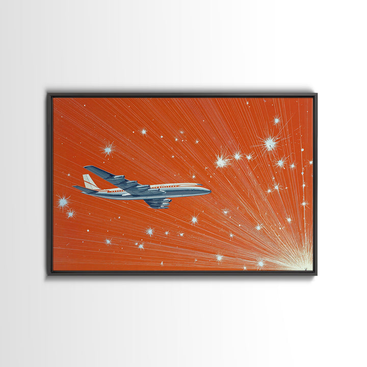 Orange Starburst Jet Canvas Print, Midcentury Modern Wall Art, Retro Aviation Poster, Bold Atomic Travel Decor Gift For Him