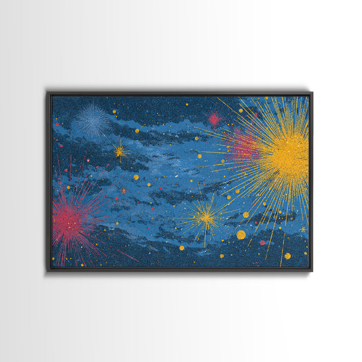 Blue Nebula Sky With Yellow Pink Starbursts Canvas Print, Mid Century Modern Space Abstract Art, Retro Colorful Wall Decor