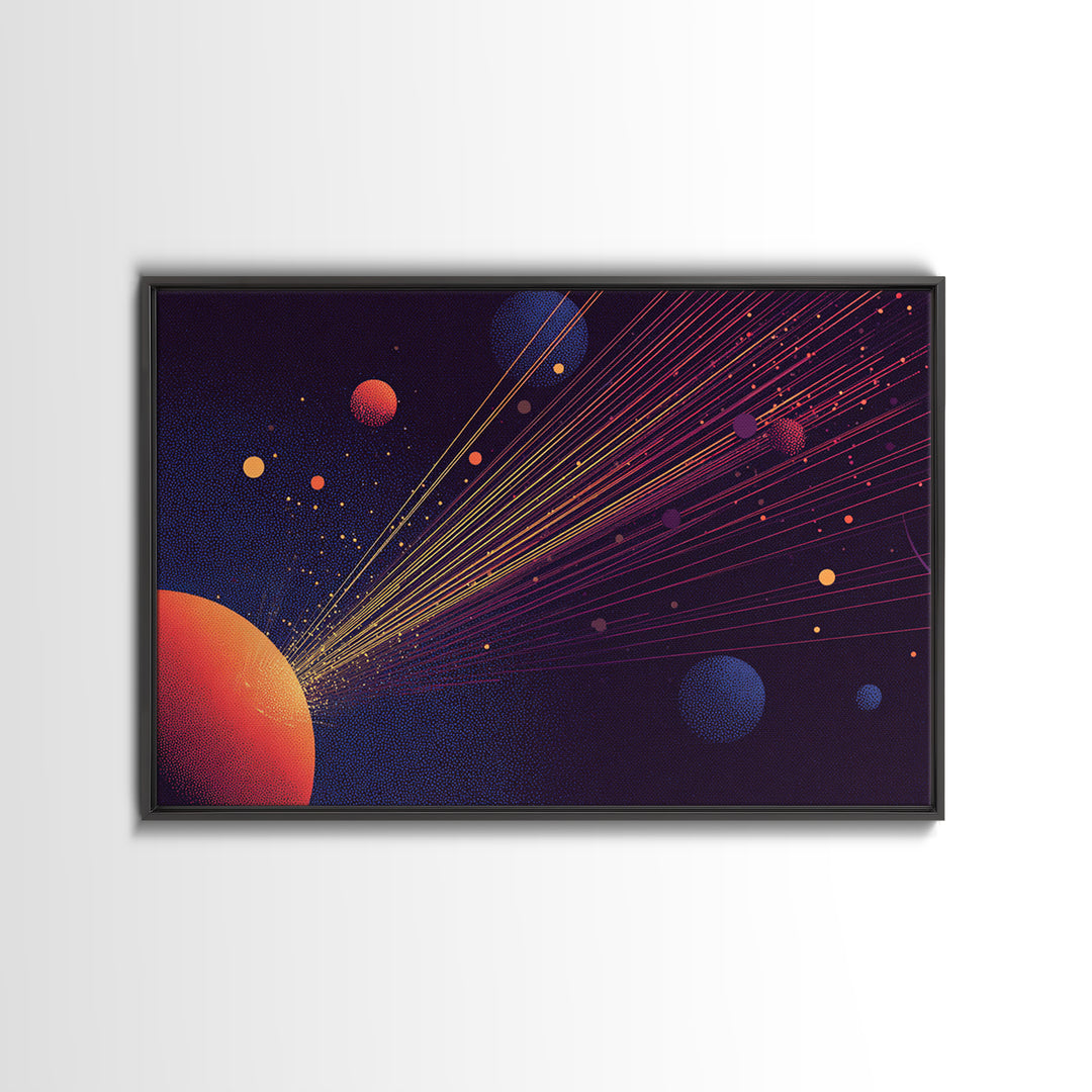 Orange Planet With Laser Orbit Lines Canvas Print, Mid Century Modern Space Poster, Retro Sci Fi Wall Art, MCM Room Decor