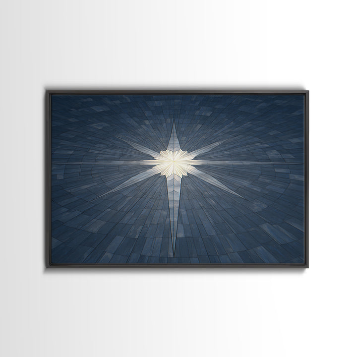 Glowing Star On Blue Geometric Tiles Canvas Print, Modern Wall Art, Abstract Architectural Decor, Minimalist MCM Poster Print
