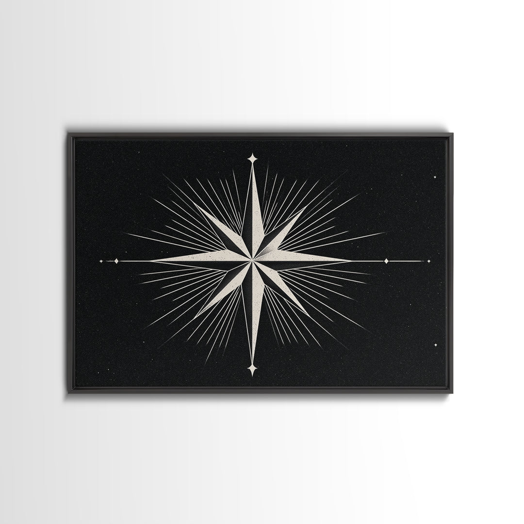 White Compass Star On Black Speckled Sky Wall Art, Mid Century Modern Abstract Print, Minimalist Retro Geometric Wall Decor