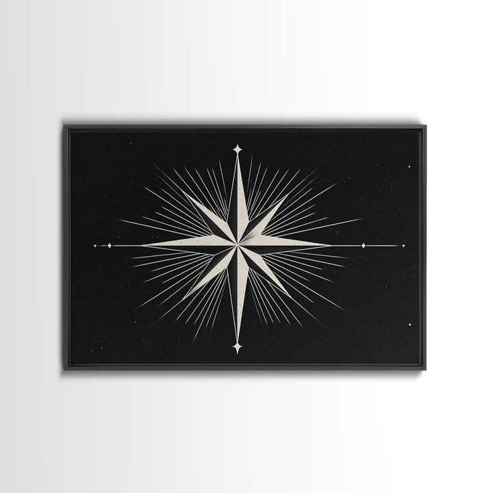 White Compass Star On Black Speckled Sky Wall Art, Mid Century Modern Abstract Print, Minimalist Retro Geometric Wall Decor
