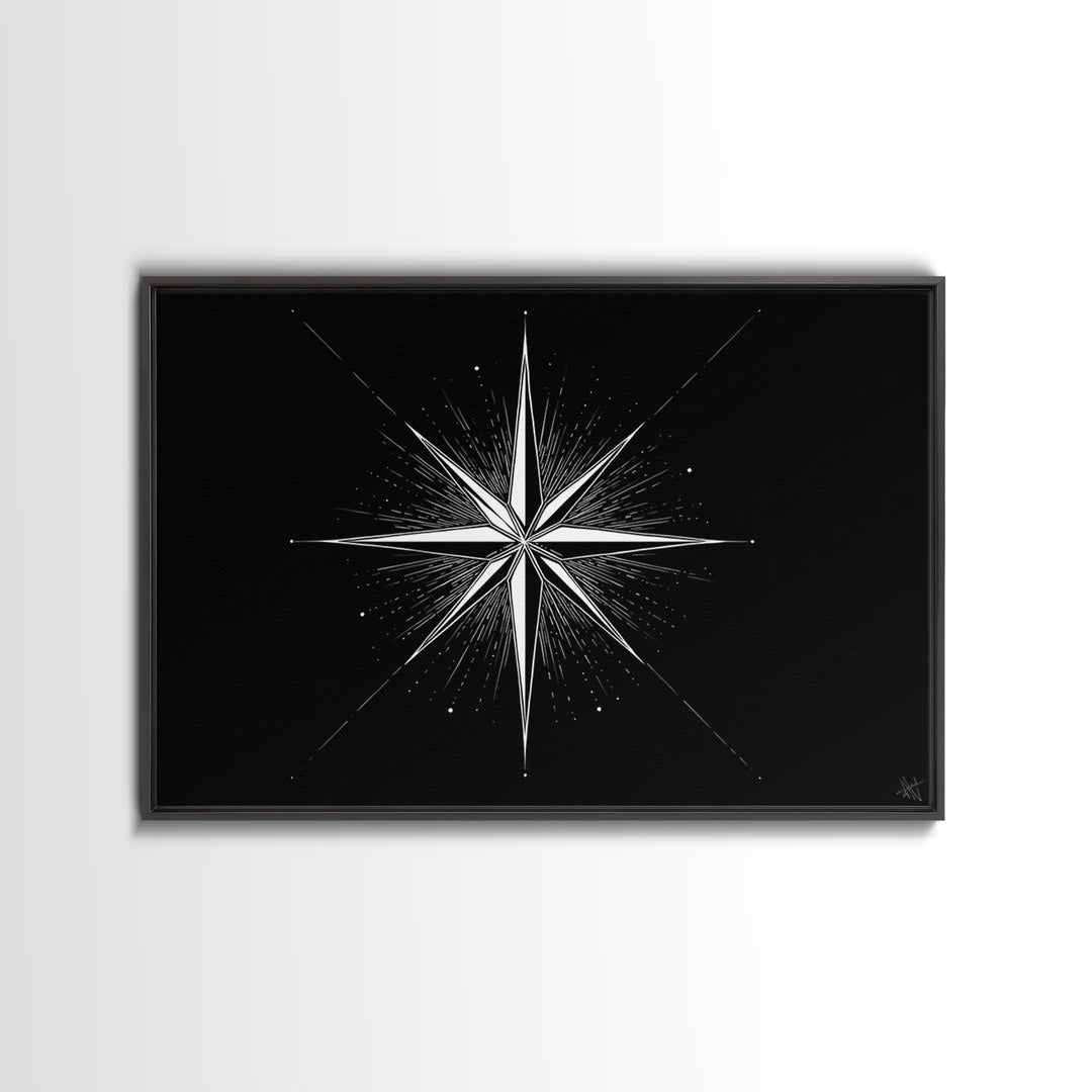 Sharp White Starburst On Deep Black Canvas Print, Minimalist Geometric Wall Art, Modern Abstract Poster, Retro MCM Decor