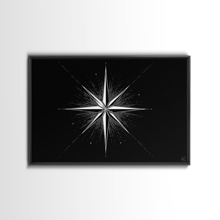 Sharp White Starburst On Deep Black Canvas Print, Minimalist Geometric Wall Art, Modern Abstract Poster, Retro MCM Decor
