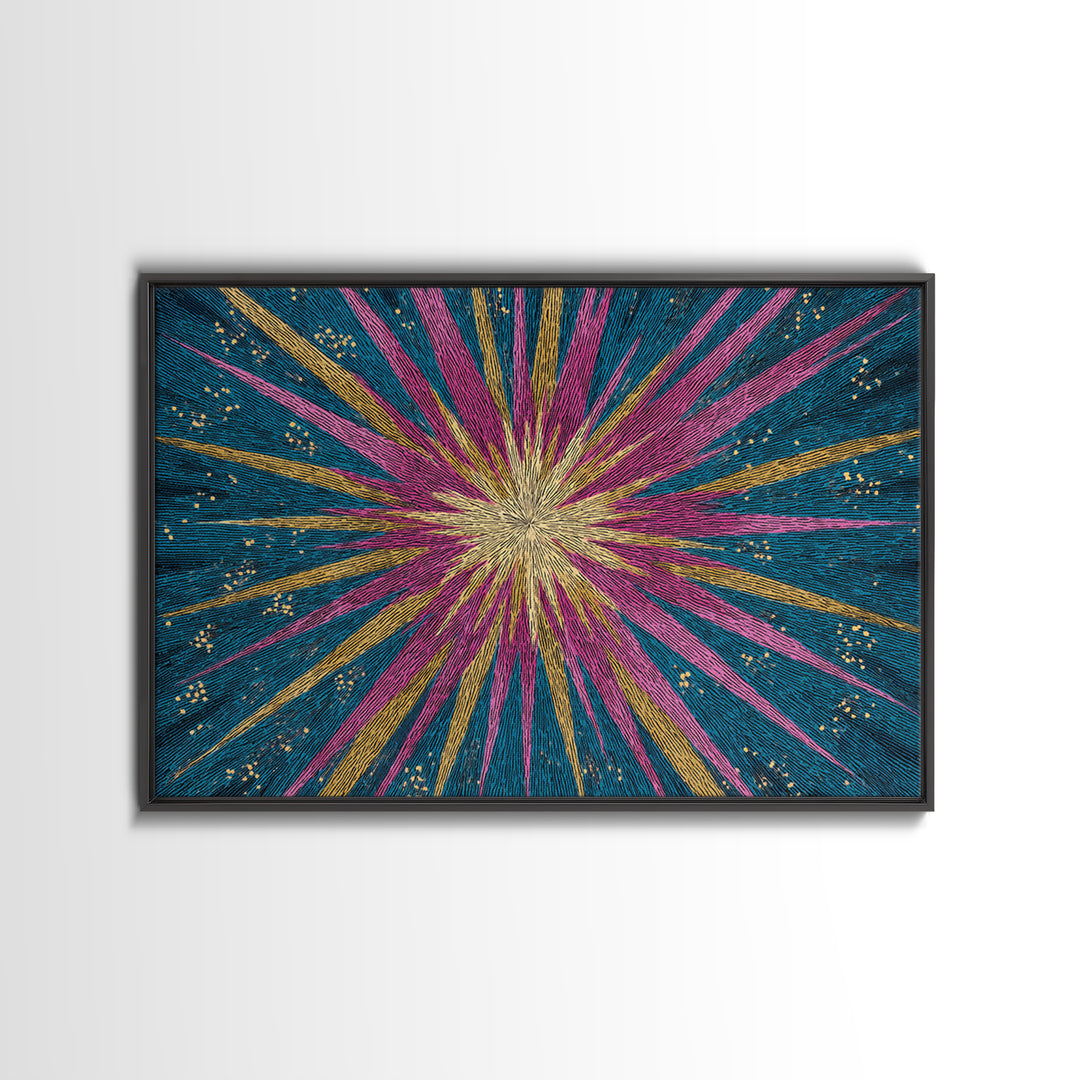Teal Pink Gold Radiating Star Lines Framed Canvas Print, Modern Abstract Wall Art, Colorful Mid Century Modern MCM Decor Poster