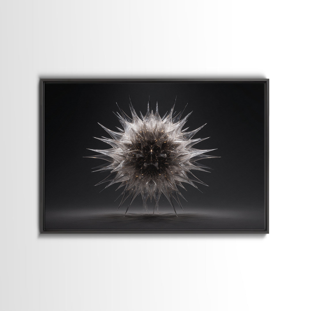 Silver Thorn Sphere Framed Canvas Print, Modern Abstract Art, Black Wall Decor, Sci Fi Sculpture Poster, Masculine Home Office Art