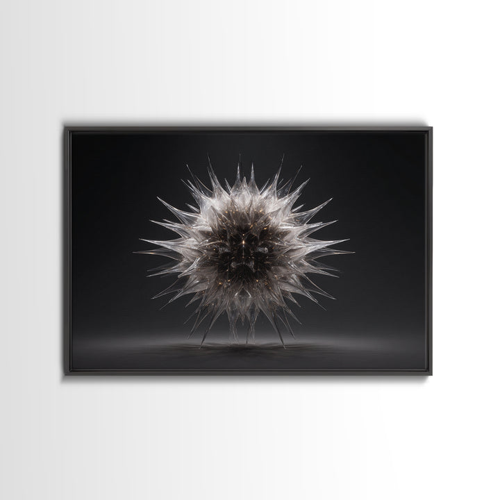 Silver Thorn Sphere Framed Canvas Print, Modern Abstract Art, Black Wall Decor, Sci Fi Sculpture Poster, Masculine Home Office Art