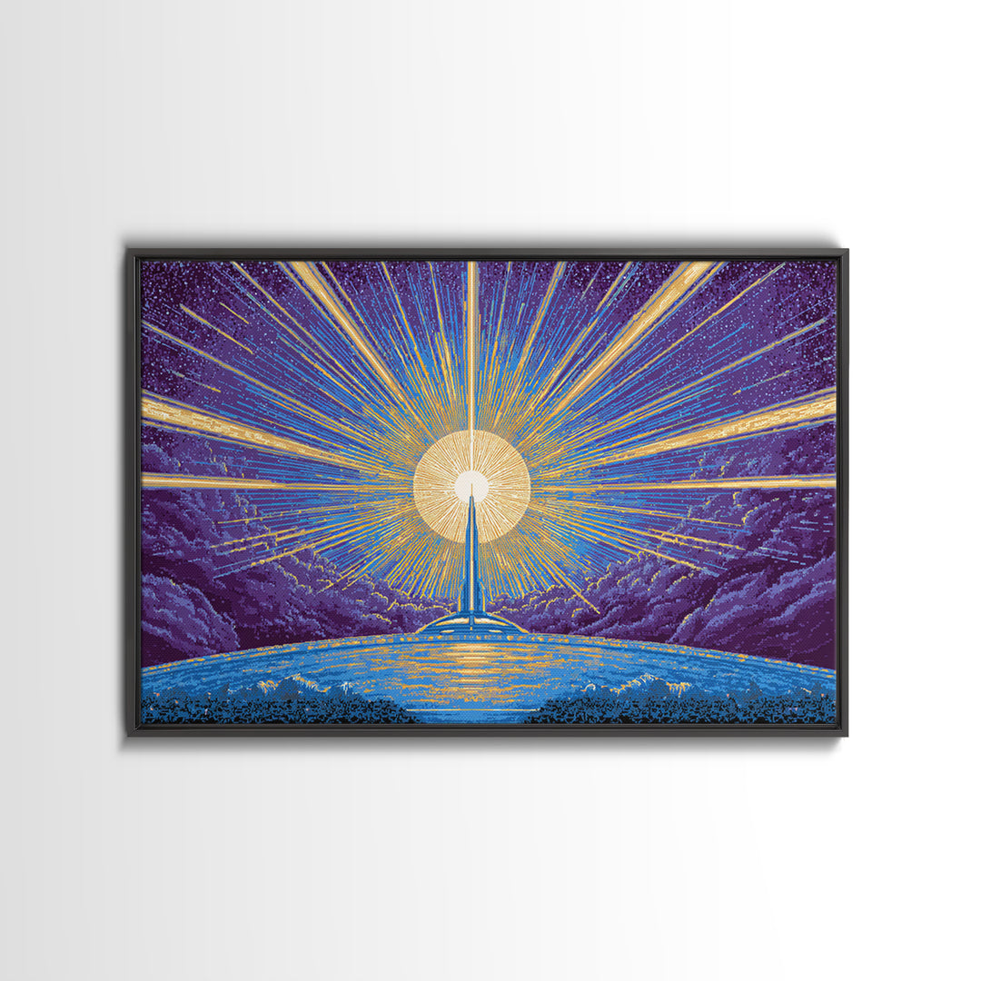 Radiant Rocket Sunrise Wall Art, Retro Sci Fi Poster, Mid Century Modern Art Print, Blue Yellow Space Decor, Space Abstract Art
