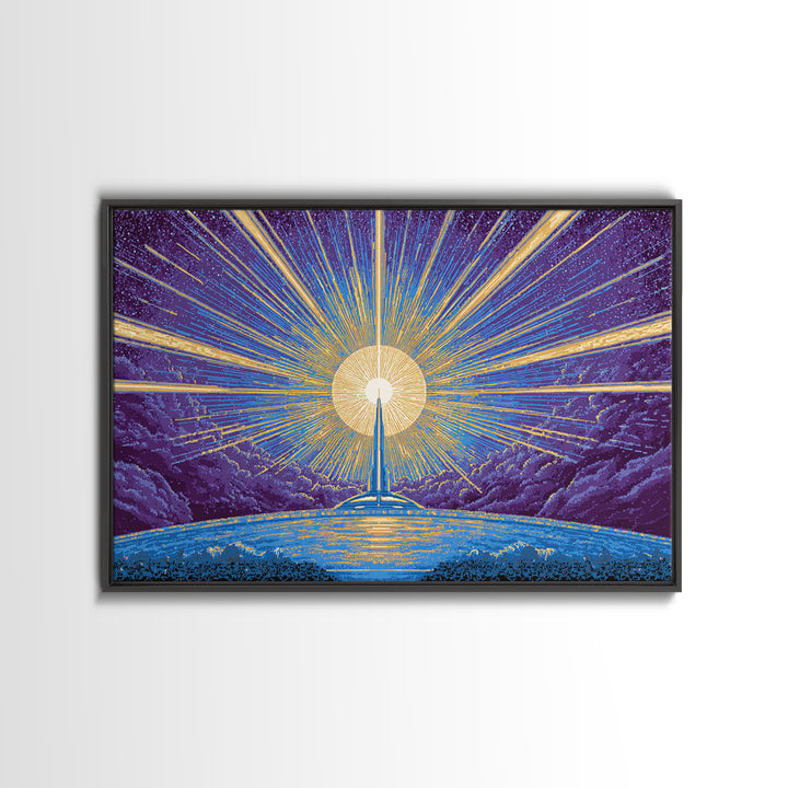 Radiant Rocket Sunrise Wall Art, Retro Sci Fi Poster, Mid Century Modern Art Print, Blue Yellow Space Decor, Space Abstract Art