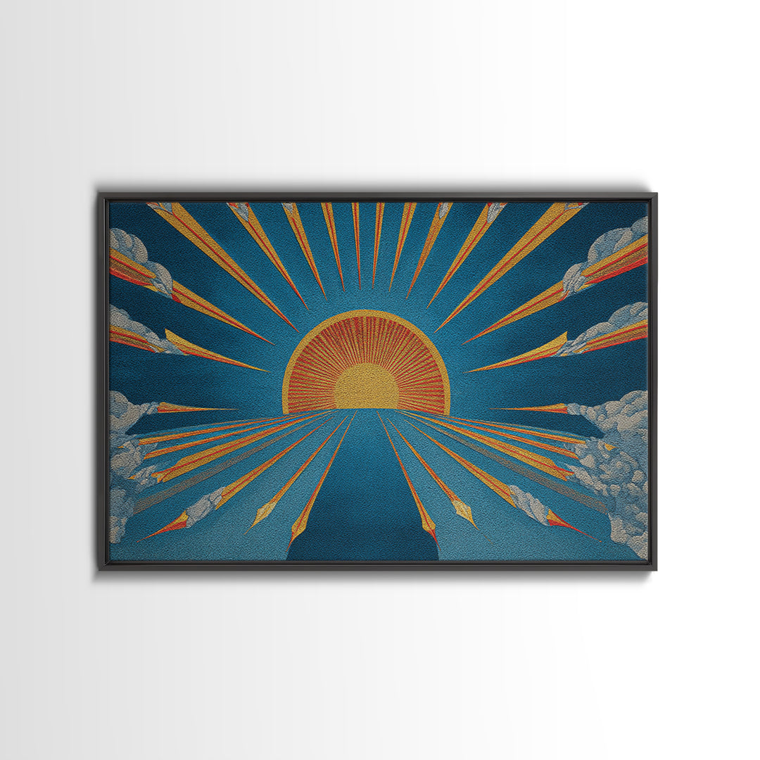 Embroidered Sunburst Canvas Print, Mid Century Modern Wall Art, Retro Sun Poster, Teal Orange Textile Style Home Decor Print