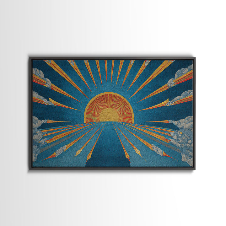 Embroidered Sunburst Canvas Print, Mid Century Modern Wall Art, Retro Sun Poster, Teal Orange Textile Style Home Decor Print