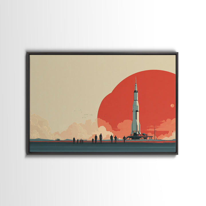 Minimal Rocket Red Sun Framed Canvas Print, Mid Century Modern Wall Art, Space Age Poster, Palm Springs Colors, Retro Decor