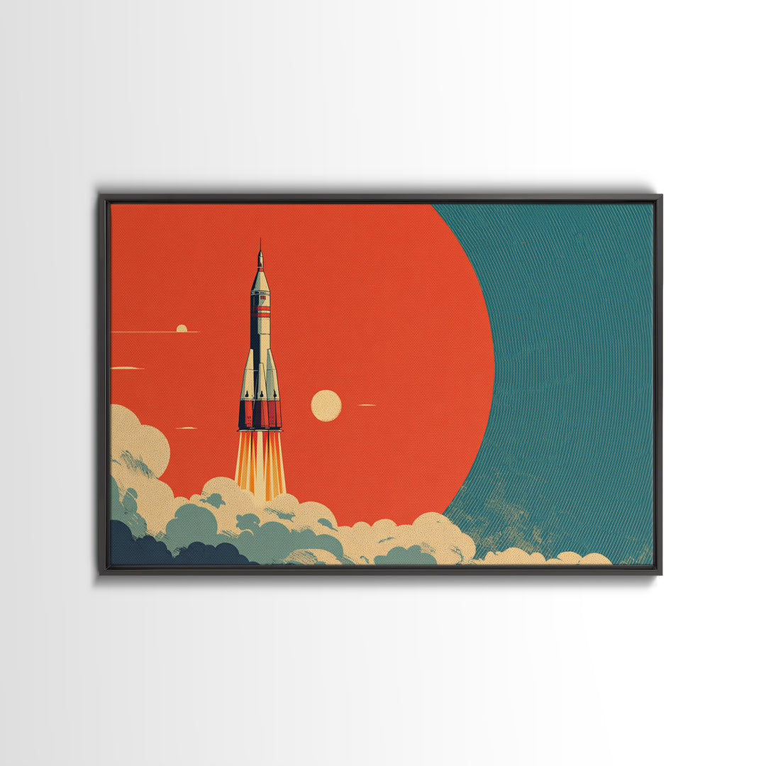 Retro Rocket Launch At Orange Planet, Midcentury Modern Wall Art, Space Poster, Sci Fi Print, Atomic Decor For Living Room