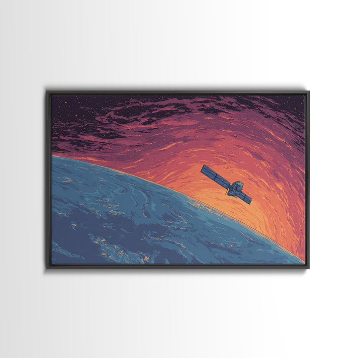 Satellite Over Blue Planet At Sunset, Retro Sci Fi Wall Art, Midcentury Modern Art Print, Space Poster For Home Office Decor