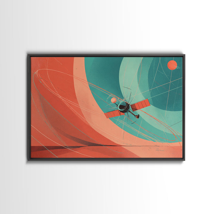Abstract Satellite Orbit With Coral Teal Planets, Canvas Print, Midcentury Modern Wall Art, Geometric Space Poster Decor
