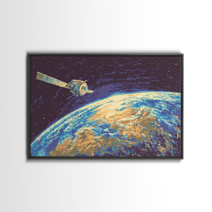 Satellite Over Earth With Stars, Midcentury Modern Wall Art, Retro Sci Fi Space Poster, Blue Canvas Print For Office Decor