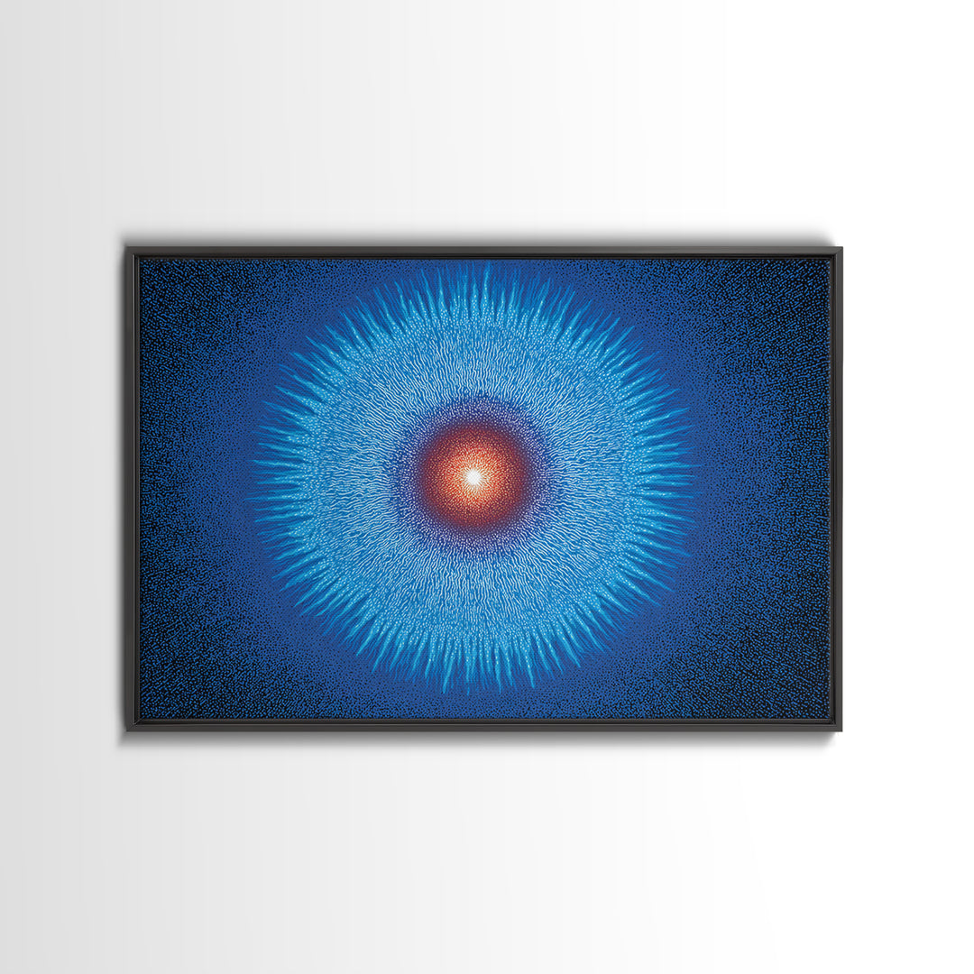 Electric Blue Cosmic Sun Burst, Abstract Wall Art, Midcentury Modern Canvas Print, Space Poster For Modern Home Office Decor