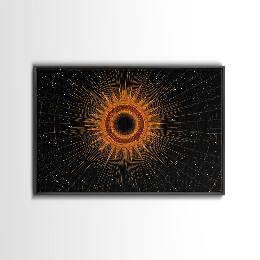 Orange Eclipse Starburst In Black Space Wall Art, Midcentury Modern Art Print, Atomic Retro Decor, Cosmic Abstract Poster