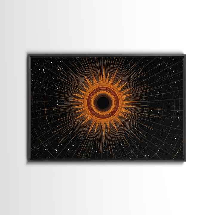 Orange Eclipse Starburst In Black Space Wall Art, Midcentury Modern Art Print, Atomic Retro Decor, Cosmic Abstract Poster