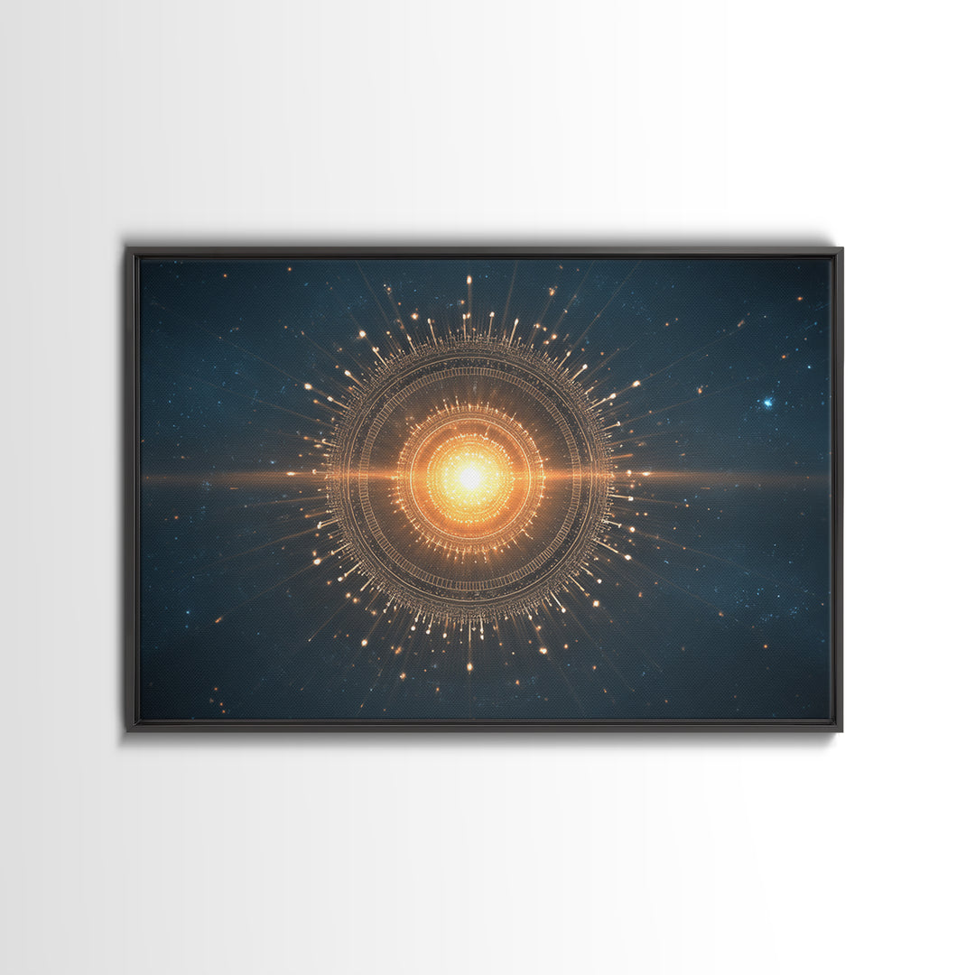 Glowing Golden Sun Mandala In Deep Space Canvas Print, Modern Abstract Art, Celestial Wall Decor, Midcentury Cosmic Poster