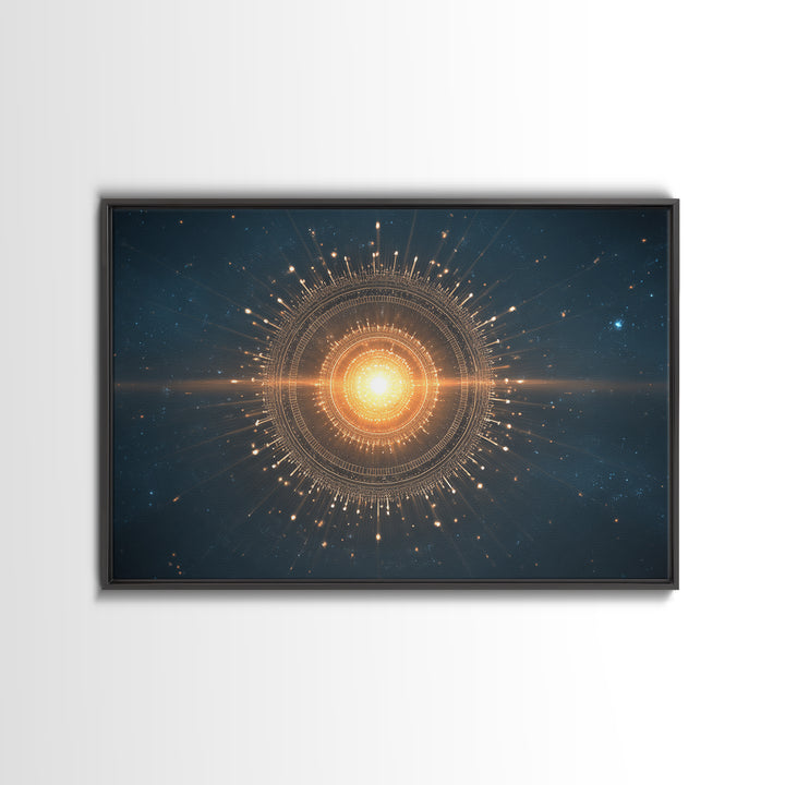 Glowing Golden Sun Mandala In Deep Space Canvas Print, Modern Abstract Art, Celestial Wall Decor, Midcentury Cosmic Poster