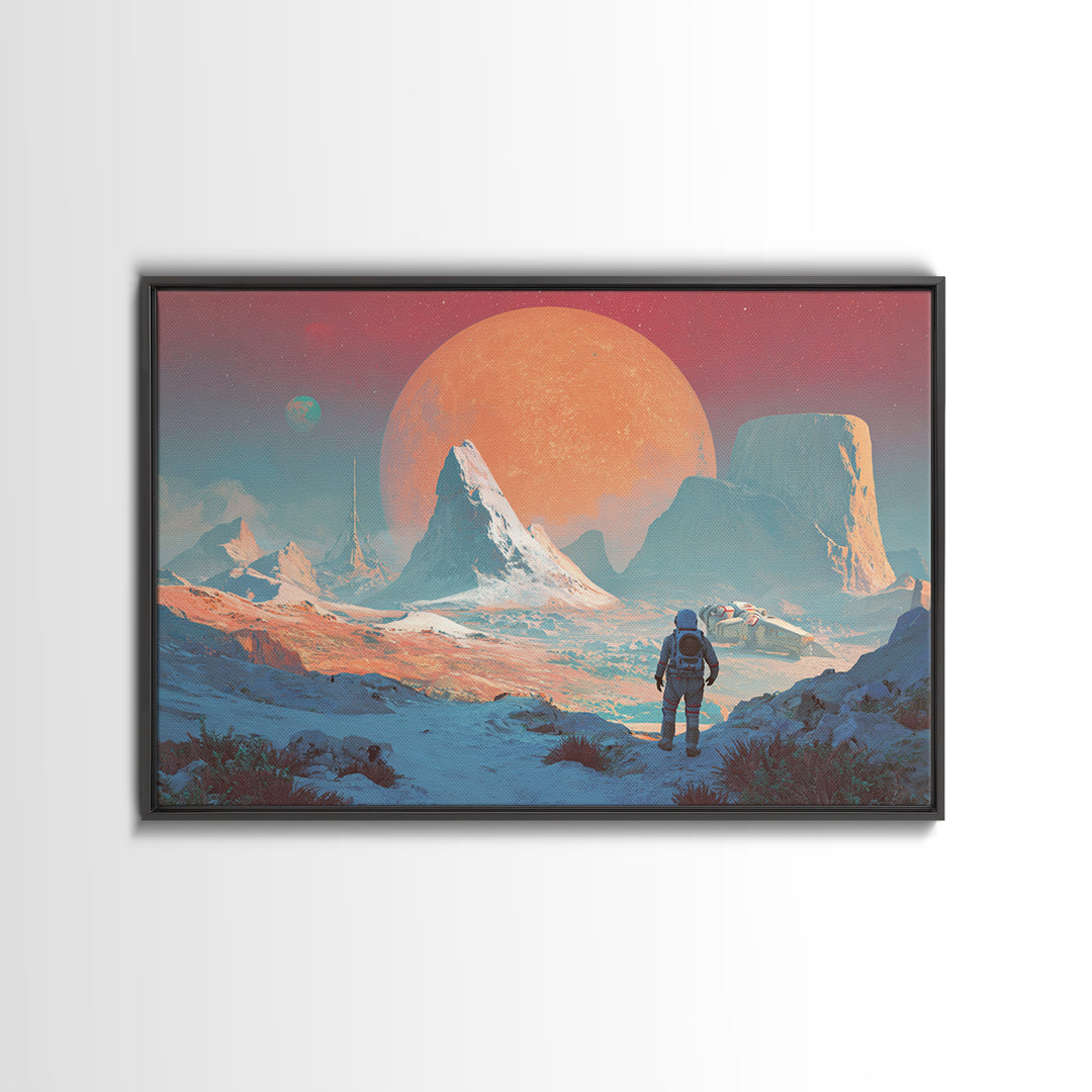 Pastel Astronaut Alien Planet Mountain Framed Canvas Print, Modern Sci Fi Wall Art, Pink Blue Landscape, Retro Space Decor