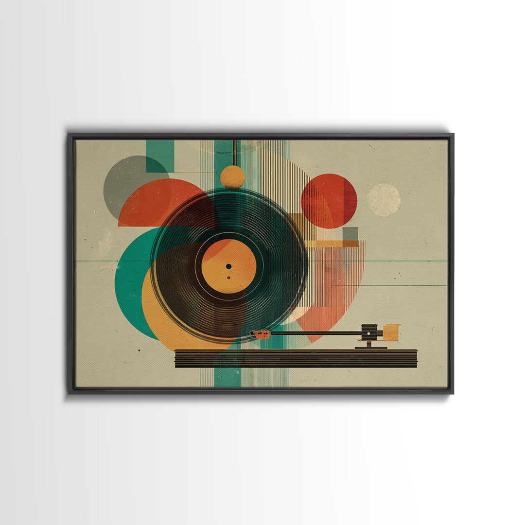 Teal Orange Geometric Turntable Wall Art, Mid Century Modern Record Player Decor, Abstract Music Poster, Retro MCM Print