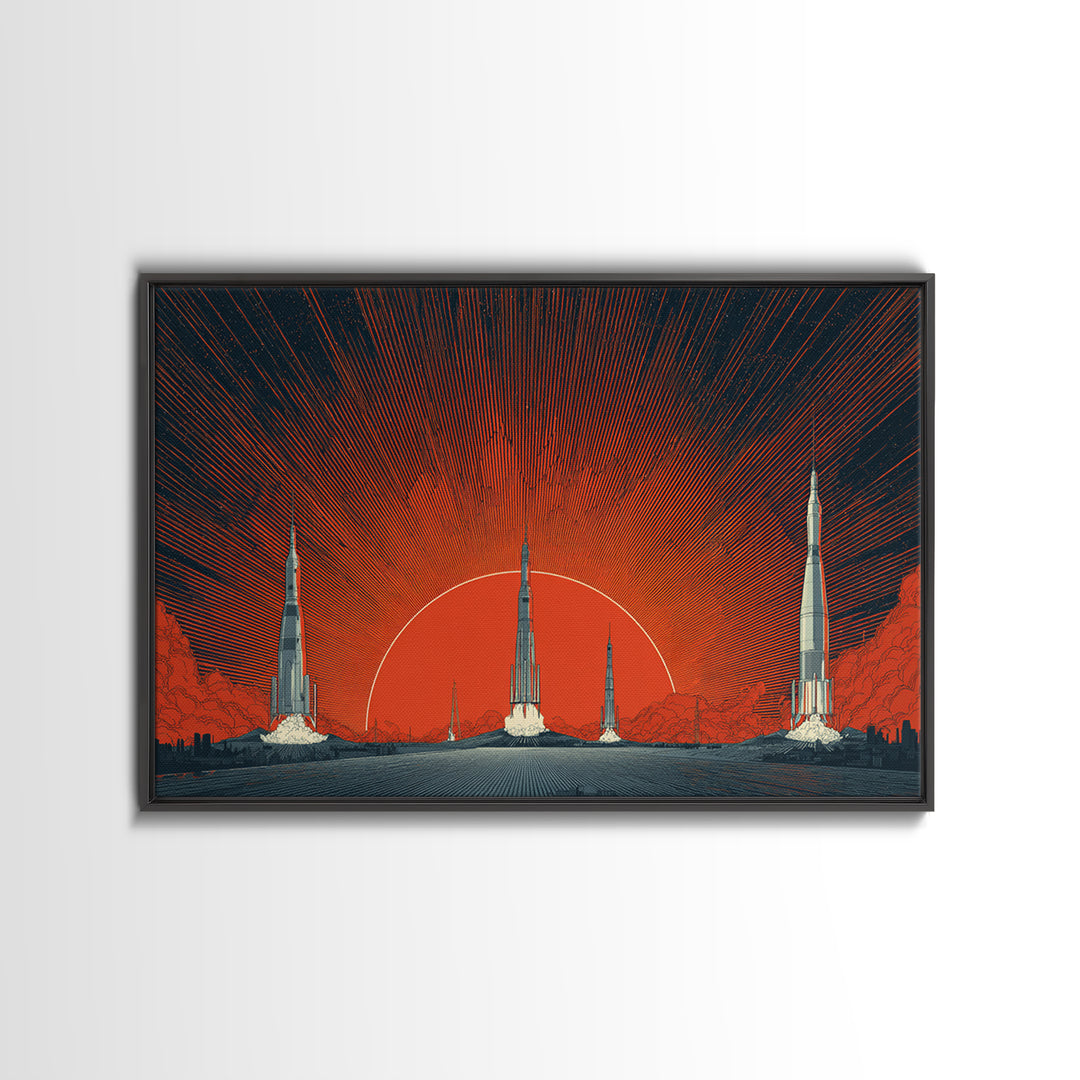 Rocket Sunscape Wall Art, Retro Futuristic Space Poster, Midcentury Modern Art Print, Large Atomic Orange MCM Wall Decor