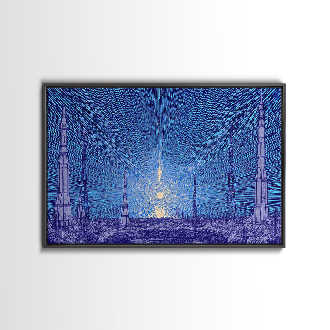 Blue Rocket Skyline Canvas Print, Retro Sci Fi Space Poster, Midcentury Modern Wall Art, Starry Atomic MCM Office Decor Print