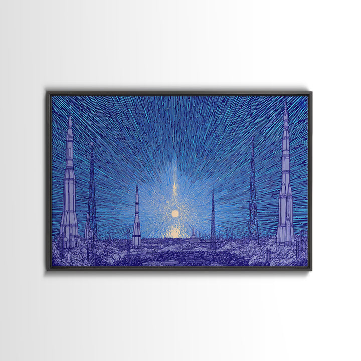 Blue Rocket Skyline Canvas Print, Retro Sci Fi Space Poster, Midcentury Modern Wall Art, Starry Atomic MCM Office Decor Print