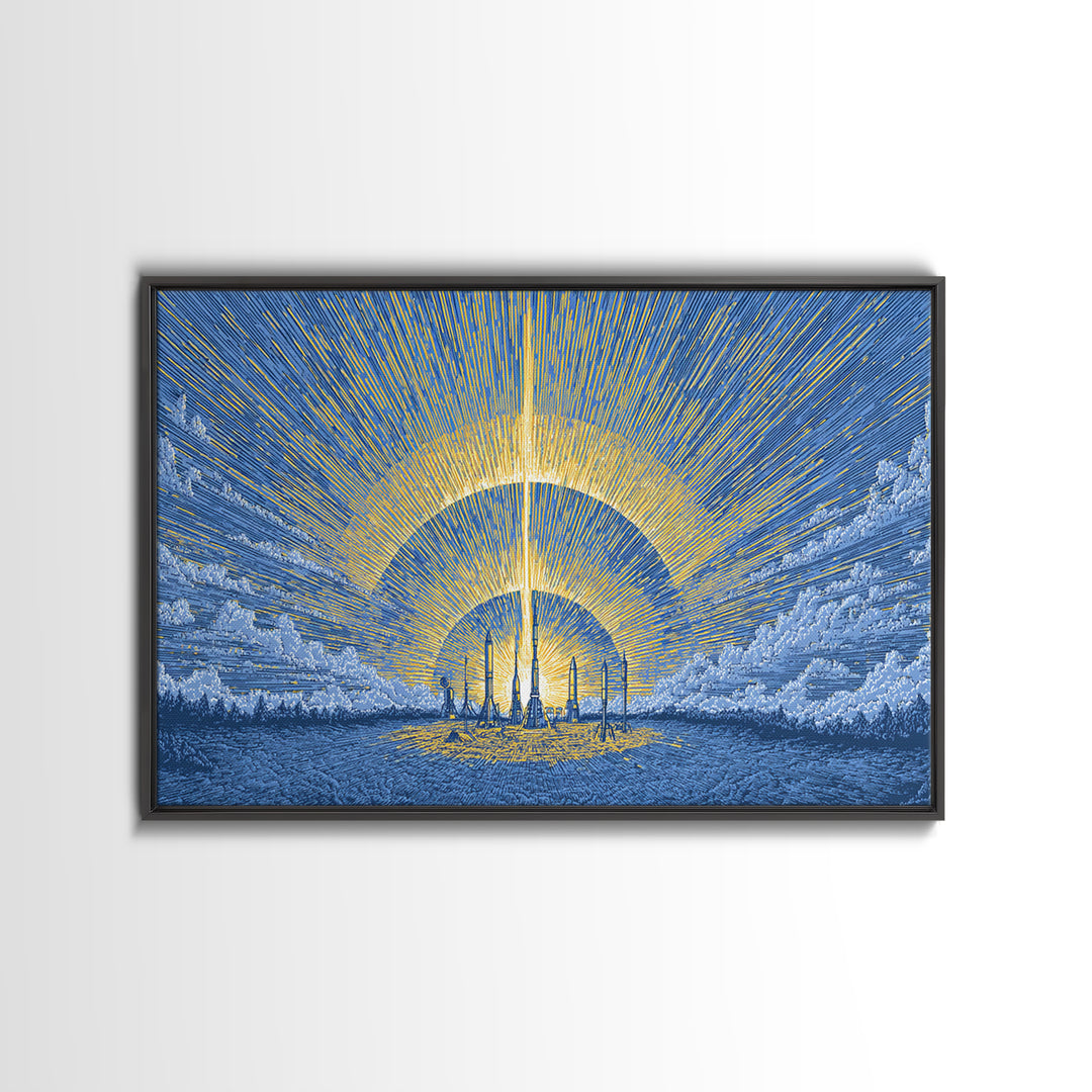 Blue Solar City Wall Art, Futuristic Sunrise Poster, Midcentury Modern Art Print, Retro Space Abstract Large MCM Home Decor
