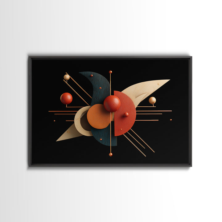 Atomic Sphere Sculpture Wall Art, Black Orange Geometric Canvas Print, Midcentury Modern Abstract Large Retro MCM Office Decor