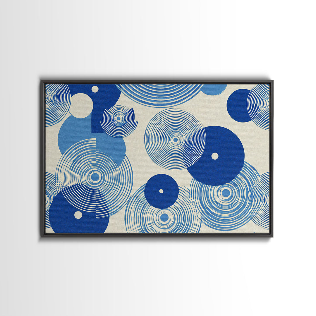 Blue Concentric Circle Pattern Canvas Print, Scandinavian Modern Wall Art, Geometric Abstract Decor, Minimal MCM Poster Print