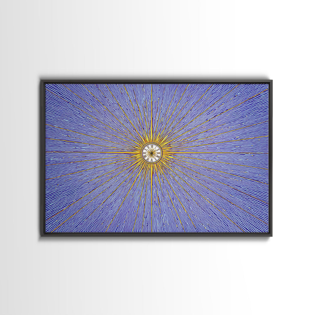 Blue Gold Radial Starburst Clock Canvas Print, Mid Century Modern Wall Decor, Atomic Retro Art Print, MCM Home Decor, Living Room Artwork