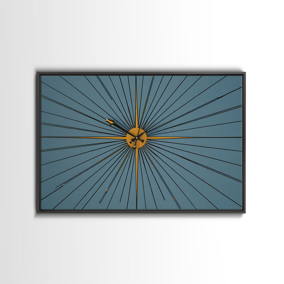 Minimal Gold Starburst Clock On Teal Wall Art, Mid Century Modern Decor, Atomic Geometric Art Print, Retro MCM Poster, Home Office Decor