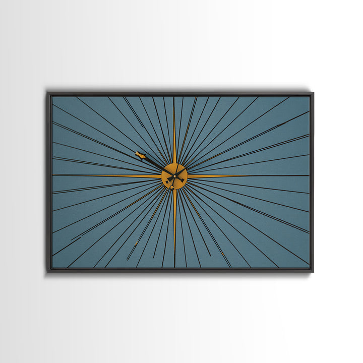Minimal Gold Starburst Clock On Teal Wall Art, Mid Century Modern Decor, Atomic Geometric Art Print, Retro MCM Poster, Home Office Decor