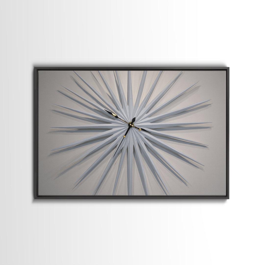 White Sculptural Starburst Clock Framed Canvas Print, Mid Century Modern Wall Decor, Minimalist MCM Art For Bedroom, Living Room Decor