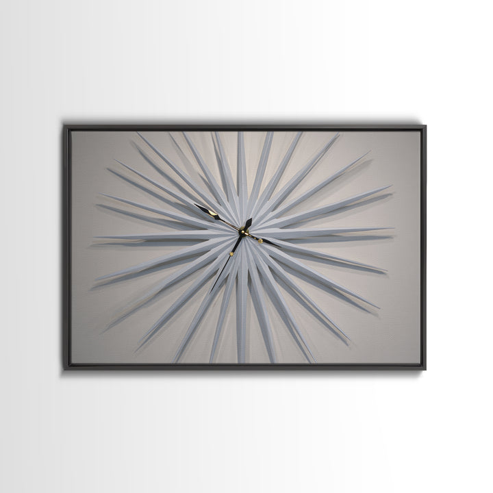 White Sculptural Starburst Clock Framed Canvas Print, Mid Century Modern Wall Decor, Minimalist MCM Art For Bedroom, Living Room Decor