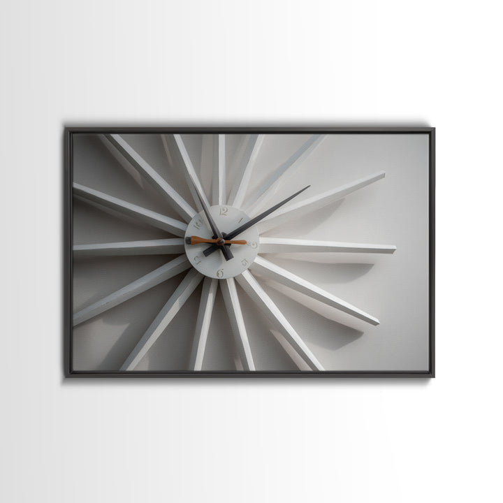Close Up White Atomic Clock Canvas Print, Mid Century Modern Decor, Minimalist Wall Art, Retro MCM Living Room Poster Print